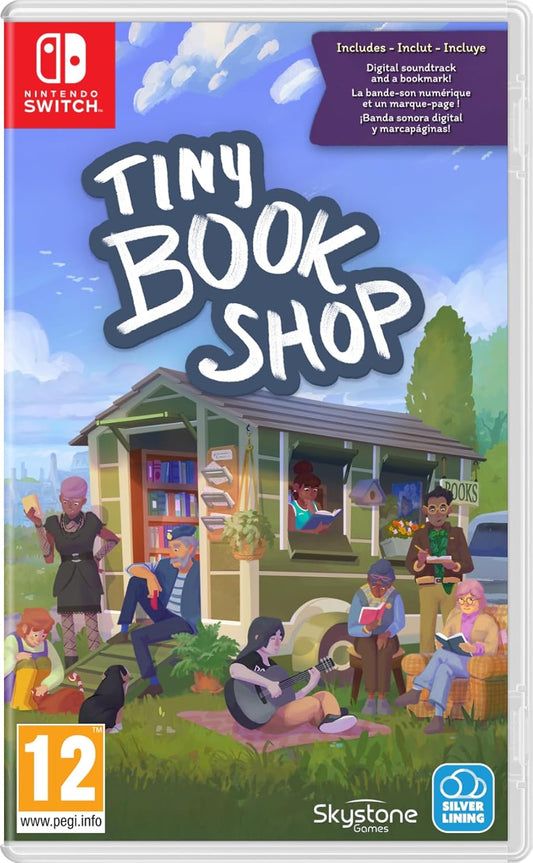 Box art for 'Tiny Book Shop' game on Nintendo Switch with cartoon depiction of a small bookshop.