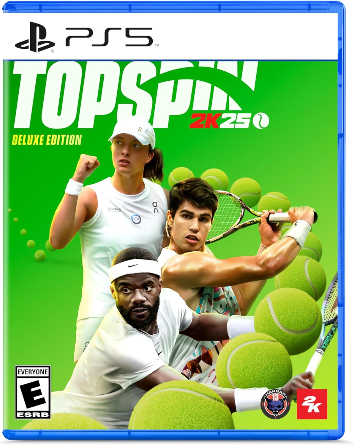 PlayStation 5 game case for 'Topspin 2K25' with tennis players and balls on a green background