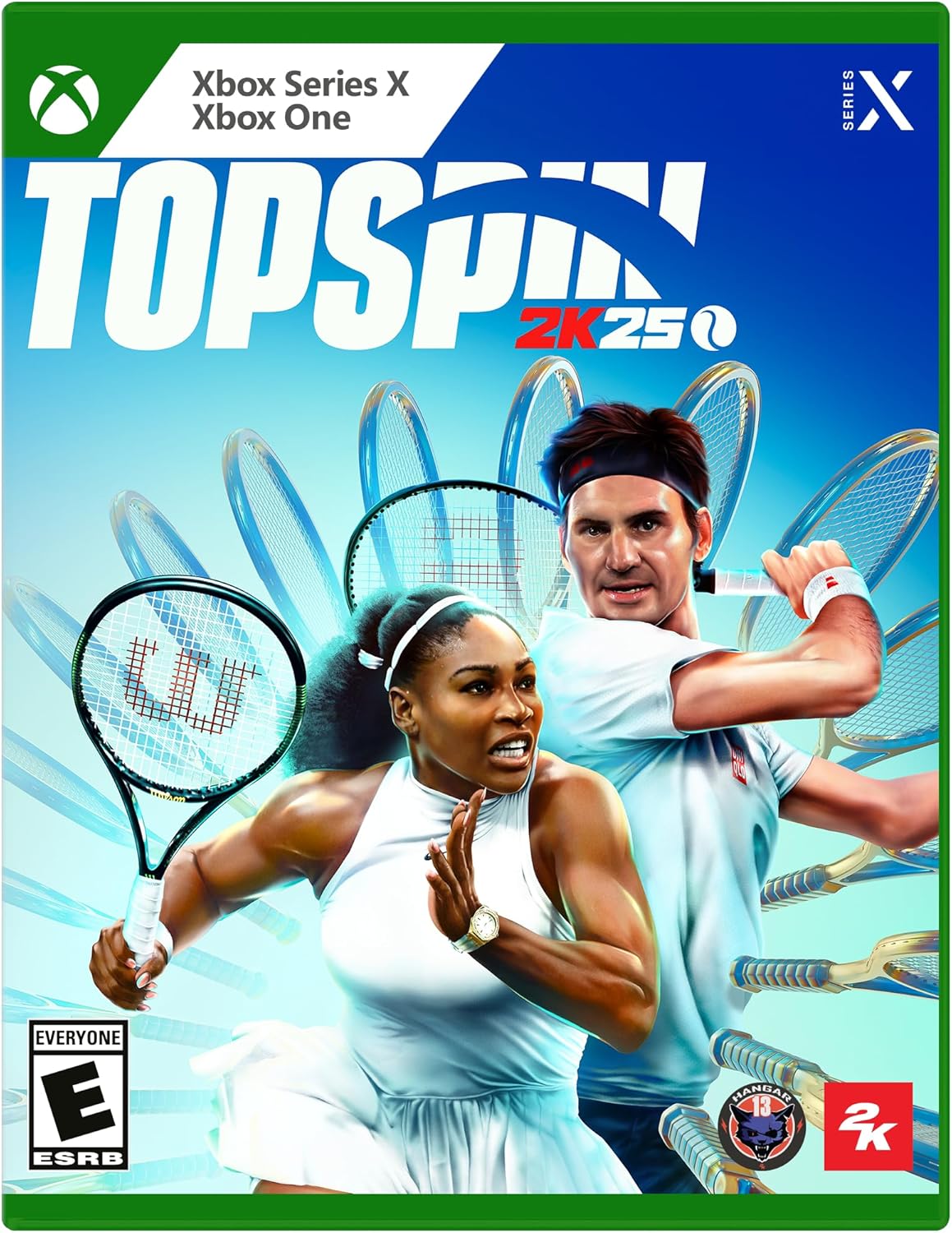 TopSpin 2K23 video game cover featuring two tennis players and multiple rackets.