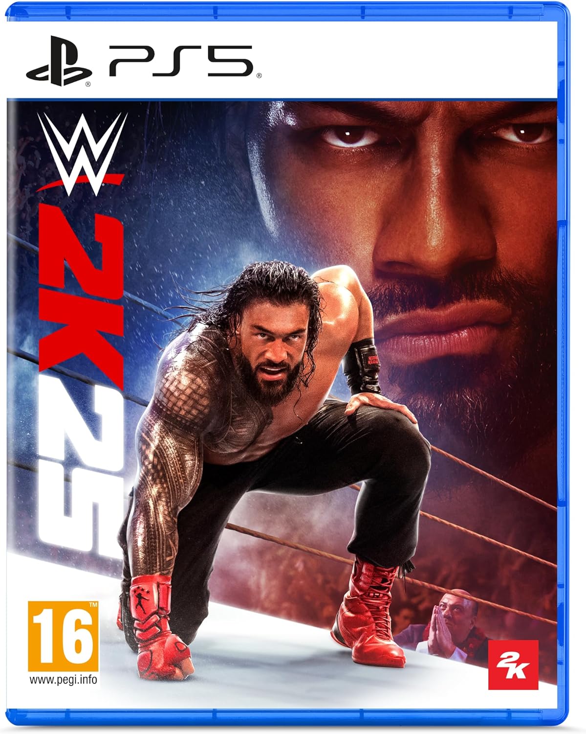 PlayStation 5 game cover for WWE 2K with a wrestler in a crouching position.