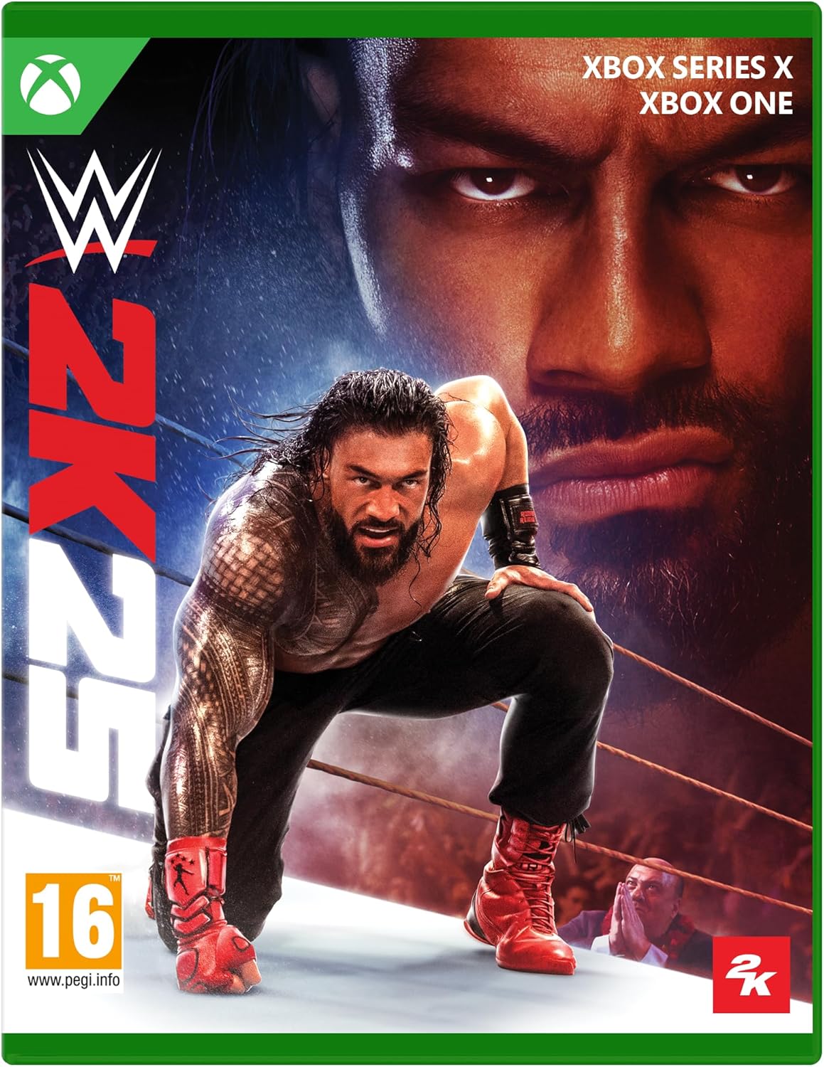 WWE 2K game cover featuring a wrestler in a ring with Xbox logos.