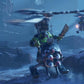 Helicopter with a character on a snowy mountain landscape
