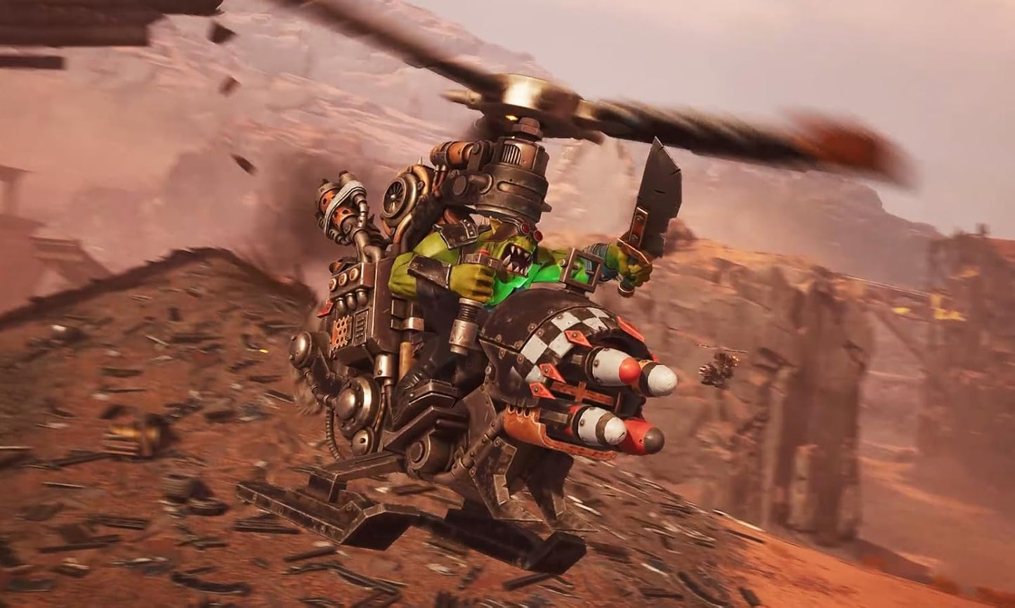 Helicopter with a character on a desert landscape