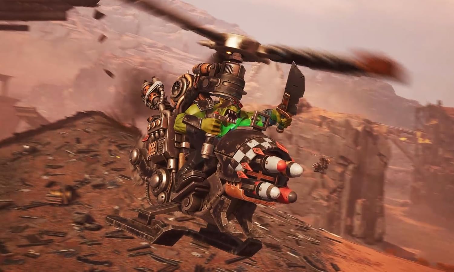 Helicopter with a character on a desert landscape