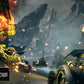Highly detailed sci-fi or fantasy battle scene with large mechanical vehicles and fiery explosions.
