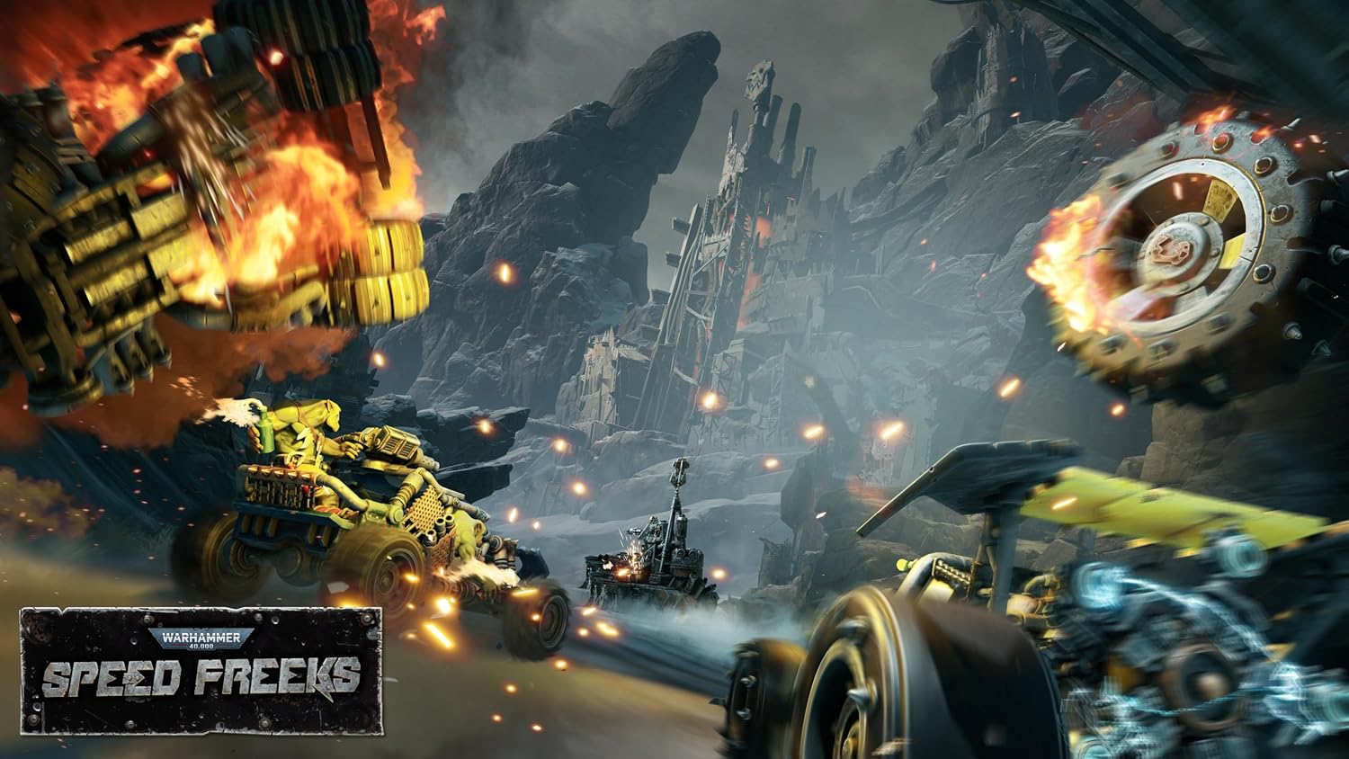 Highly detailed sci-fi or fantasy battle scene with large mechanical vehicles and fiery explosions.