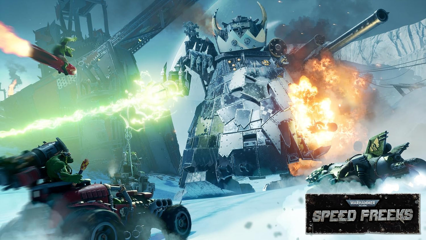 Action-packed scene with large robots in a snowy landscape, featuring 'Speed Freaks' branding.
